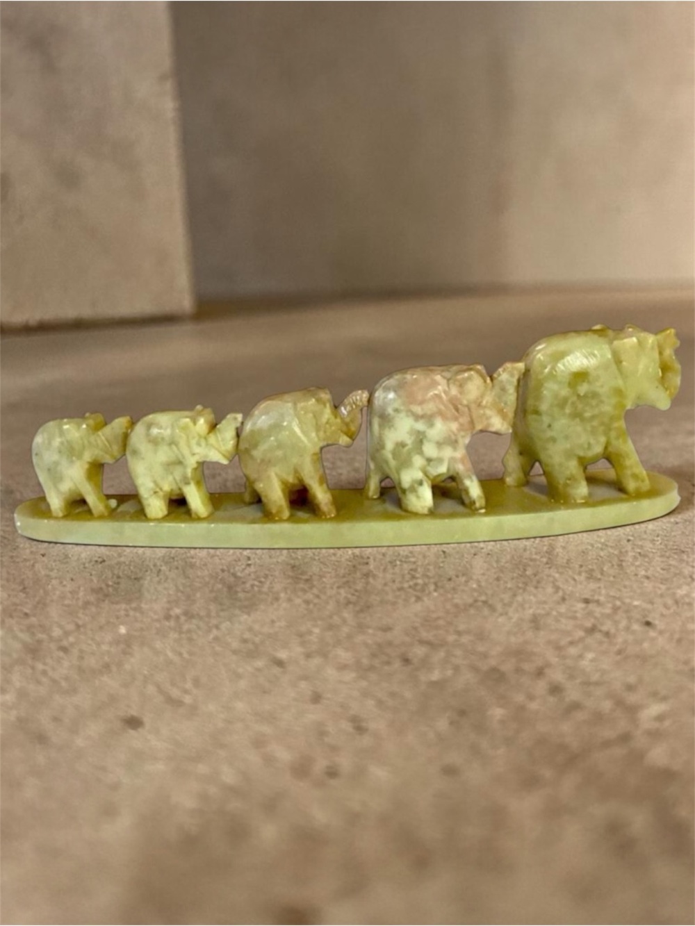Vintage Hand Carved Onyx Marble Elephant Parade Walking Elephants In a Line